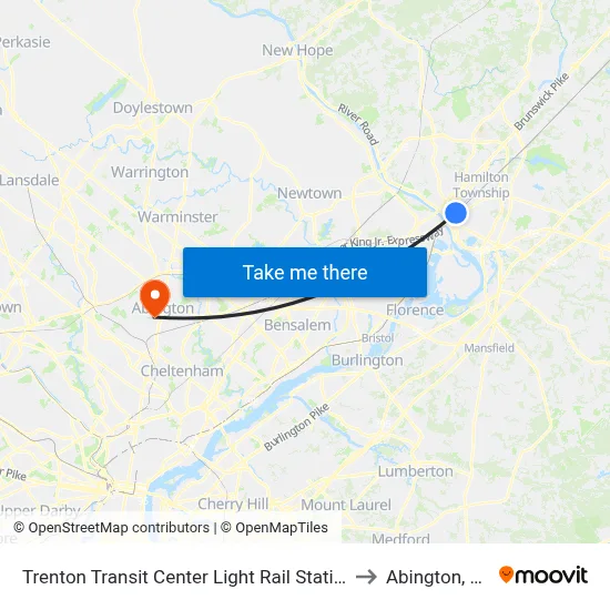Trenton Transit Center Light Rail Station to Abington, PA map