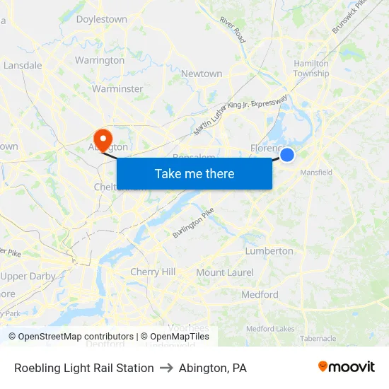 Roebling Light Rail Station to Abington, PA map
