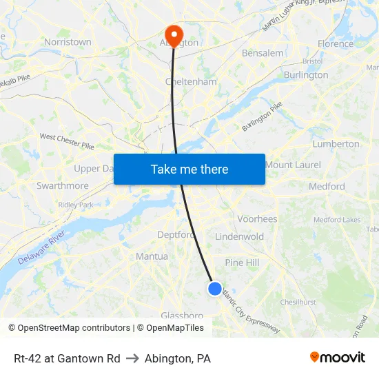 Rt-42 at Gantown Rd to Abington, PA map