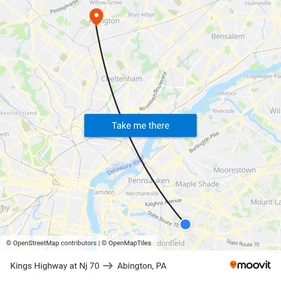 Kings Highway at Nj 70 to Abington, PA map