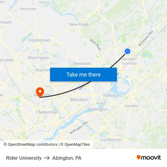 Rider University to Abington, PA map