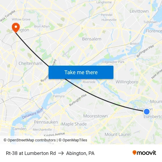 Rt-38 at Lumberton Rd to Abington, PA map