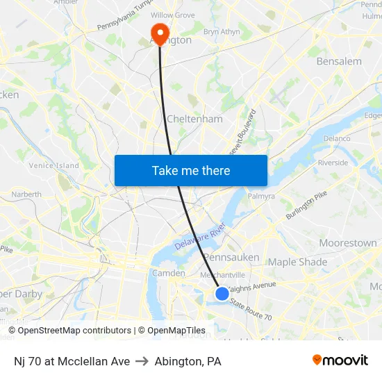 Nj 70 at Mcclellan Ave to Abington, PA map