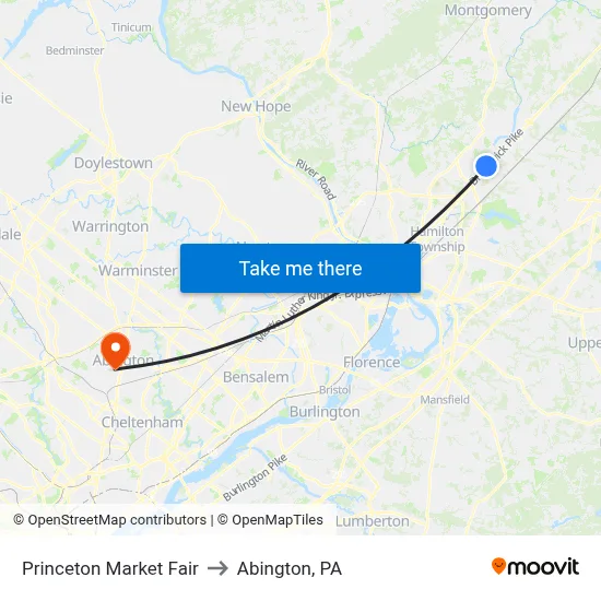 Princeton Market Fair to Abington, PA map