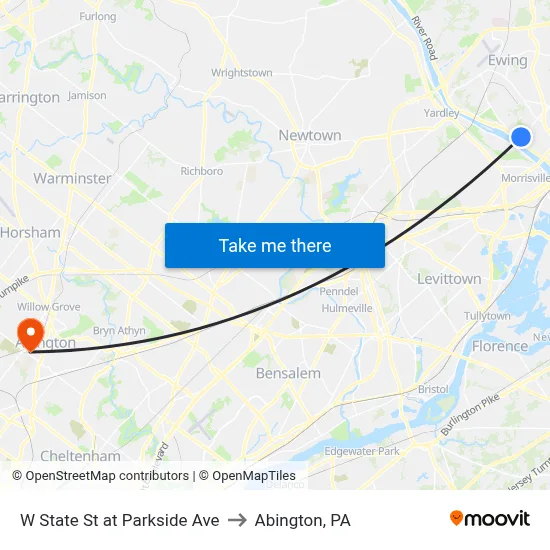W State St at Parkside Ave to Abington, PA map