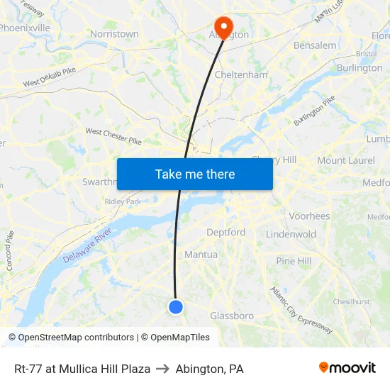 Rt-77 at Mullica Hill Plaza to Abington, PA map