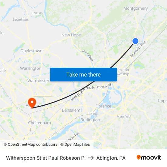 Witherspoon St at Paul Robeson Pl to Abington, PA map