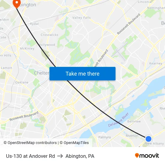 Us-130 at Andover Rd to Abington, PA map