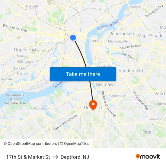 17th St & Market St to Deptford, NJ map