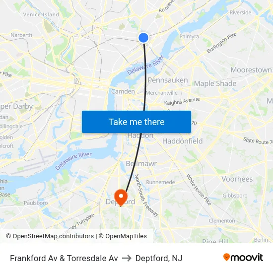 Frankford Av & Torresdale Av to Deptford, NJ map