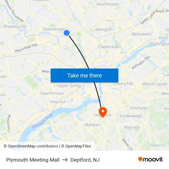 Plymouth Meeting Mall to Deptford, NJ map