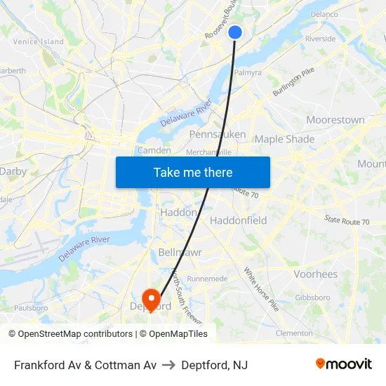 Frankford Av & Cottman Av to Deptford, NJ map