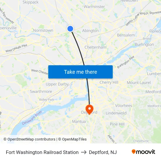 Fort Washington Railroad Station to Deptford, NJ map