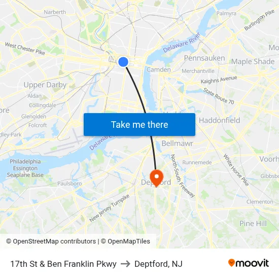 17th St & Ben Franklin Pkwy to Deptford, NJ map