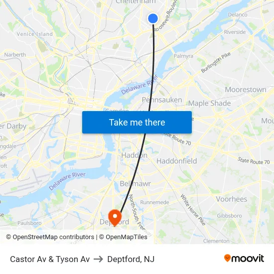 Castor Av & Tyson Av to Deptford, NJ map