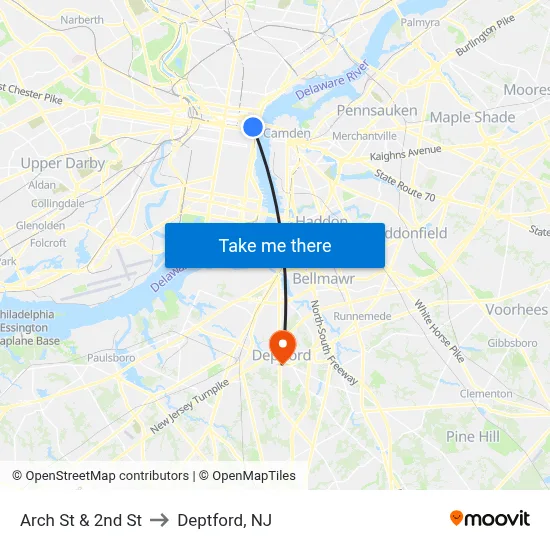 Arch St & 2nd St to Deptford, NJ map