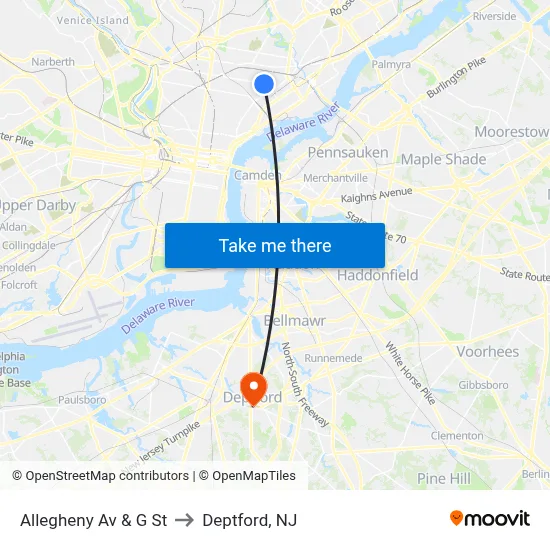 Allegheny Av & G St to Deptford, NJ map