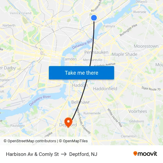 Harbison Av & Comly St to Deptford, NJ map