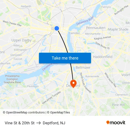 Vine St & 20th St to Deptford, NJ map