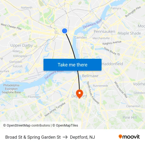 Broad St & Spring Garden St to Deptford, NJ map
