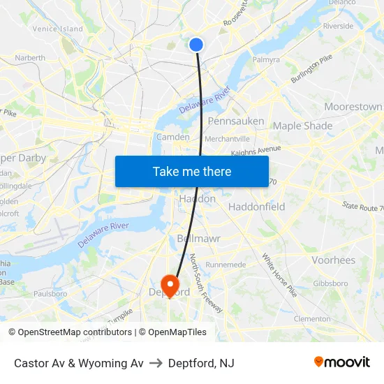 Castor Av & Wyoming Av to Deptford, NJ map
