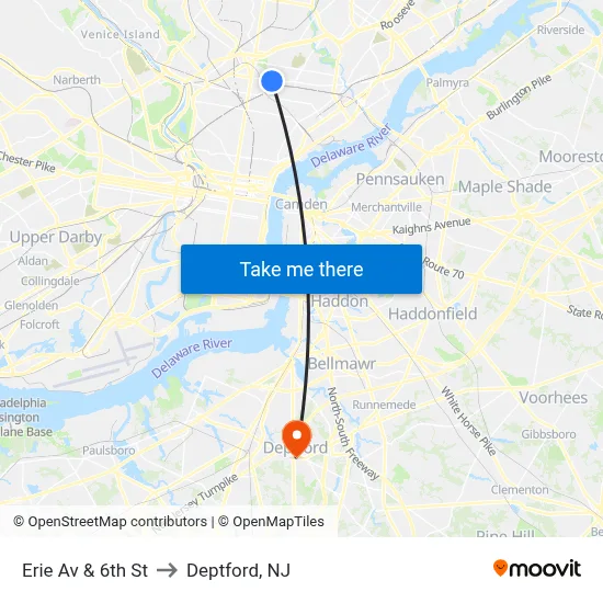 Erie Av & 6th St to Deptford, NJ map