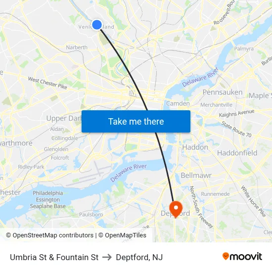 Umbria St & Fountain St to Deptford, NJ map