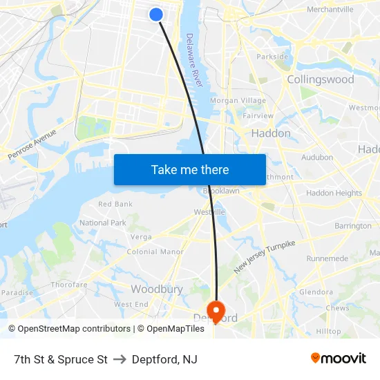 7th St & Spruce St to Deptford, NJ map