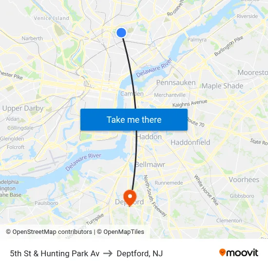 5th St & Hunting Park Av to Deptford, NJ map