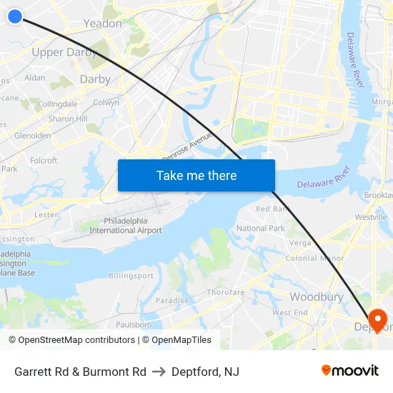 Garrett Rd & Burmont Rd to Deptford, NJ map