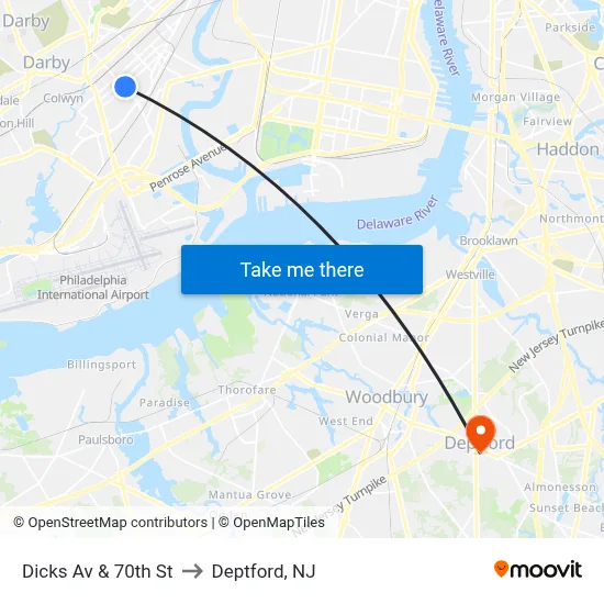 Dicks Av & 70th St to Deptford, NJ map