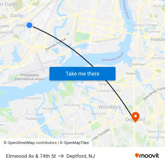 Elmwood Av & 74th St to Deptford, NJ map
