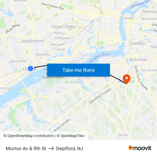 Morton Av & 9th St to Deptford, NJ map