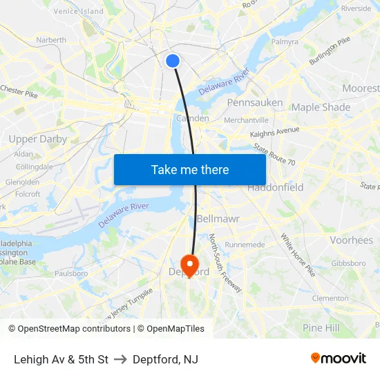 Lehigh Av & 5th St to Deptford, NJ map