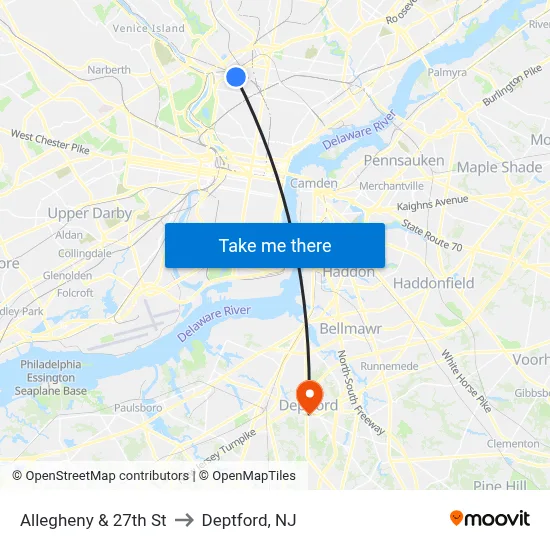 Allegheny & 27th St to Deptford, NJ map