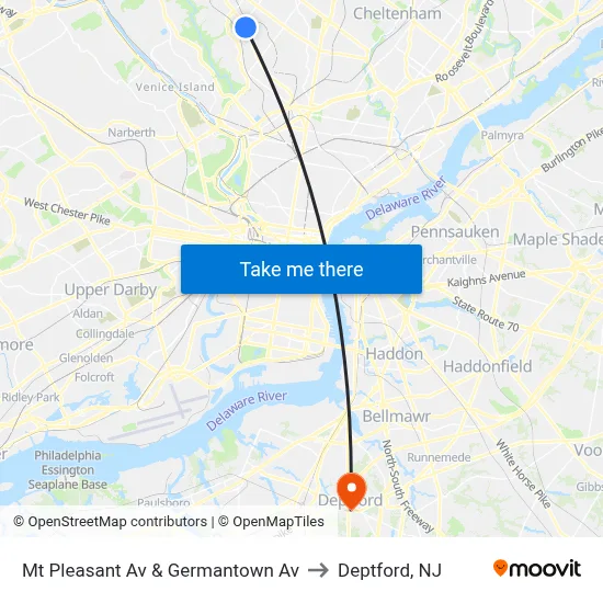 Mt Pleasant Av & Germantown Av to Deptford, NJ map