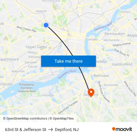63rd St & Jefferson St to Deptford, NJ map