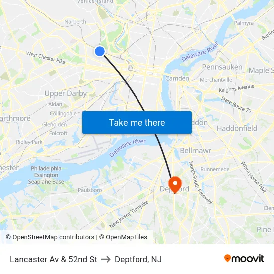 Lancaster Av & 52nd St to Deptford, NJ map