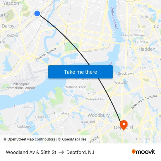 Woodland Av & 58th St to Deptford, NJ map