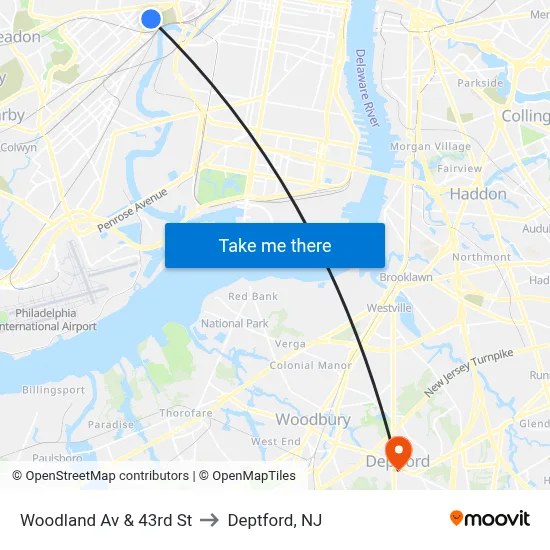Woodland Av & 43rd St to Deptford, NJ map