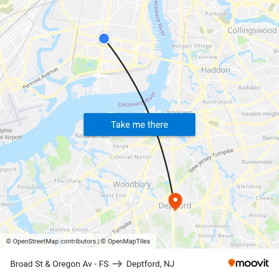 Broad St & Oregon Av - FS to Deptford, NJ map