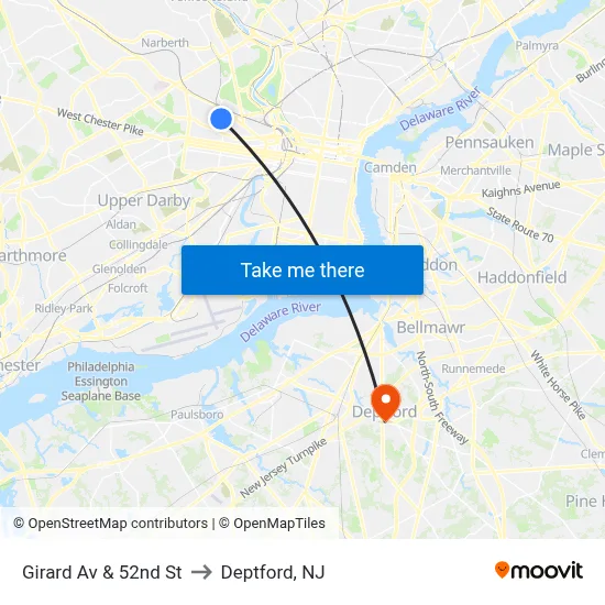 Girard Av & 52nd St to Deptford, NJ map