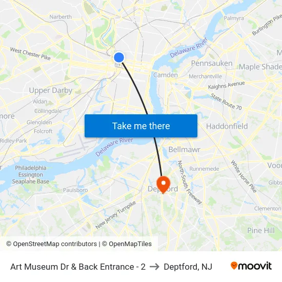 Art Museum Dr & Back Entrance - 2 to Deptford, NJ map
