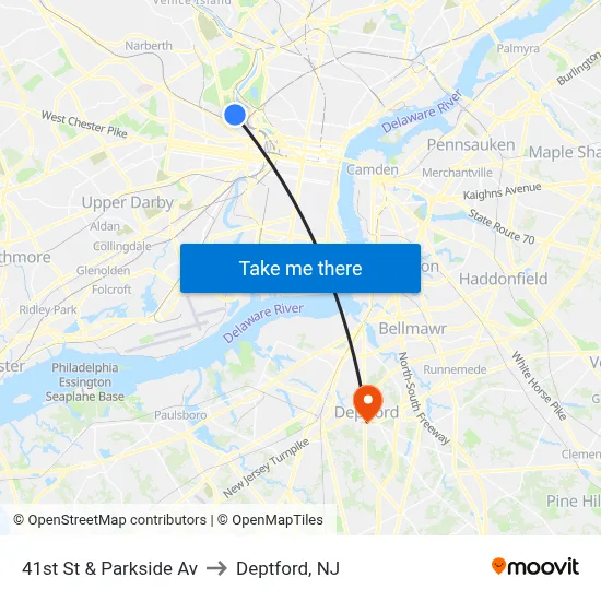 41st St & Parkside Av to Deptford, NJ map