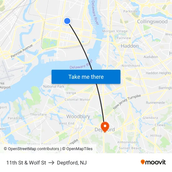 11th St & Wolf St to Deptford, NJ map