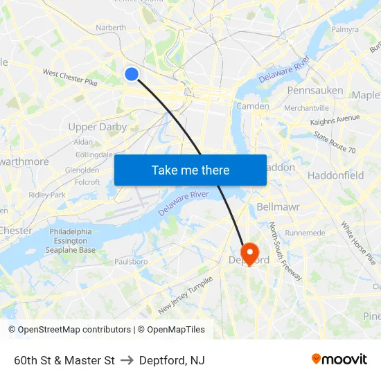 60th St & Master St to Deptford, NJ map