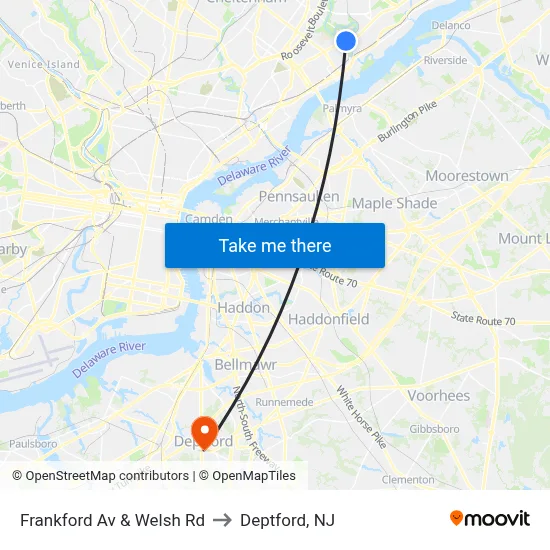 Frankford Av & Welsh Rd to Deptford, NJ map