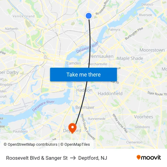 Roosevelt Blvd & Sanger St to Deptford, NJ map