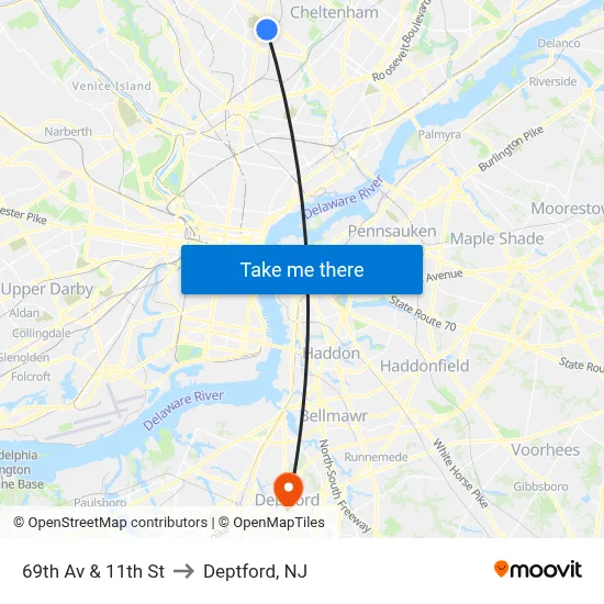 69th Av & 11th St to Deptford, NJ map