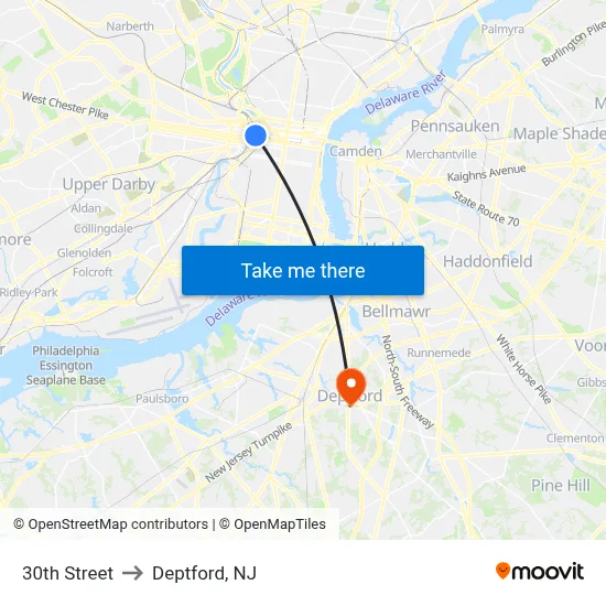 30th Street to Deptford, NJ map